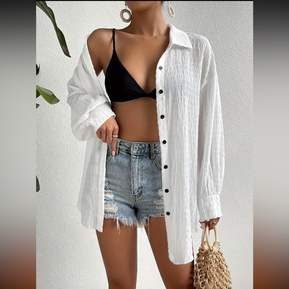 Vibrant Solid Textured Button Front Blouse size Large Drop Shoulder  Cover Up - Picture 2 of 11